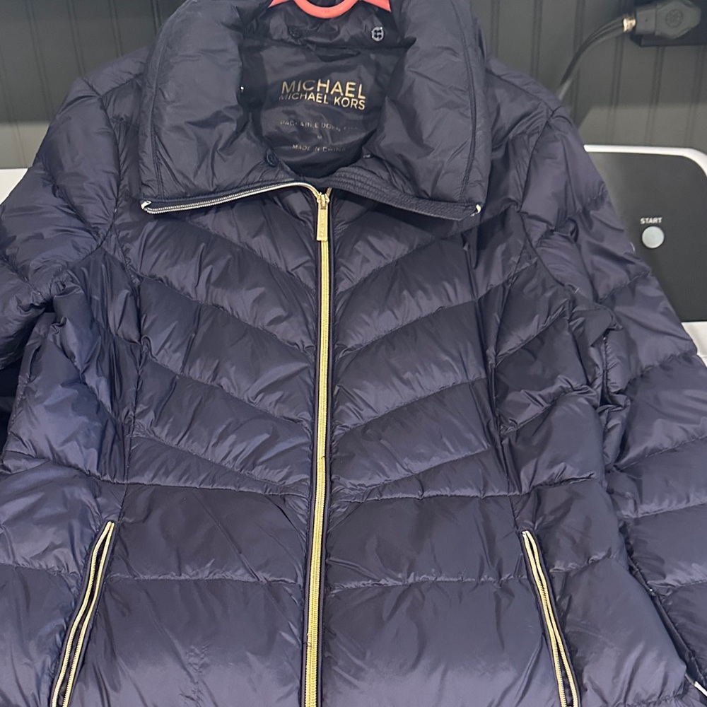 Michael Kors Navy Quilted Packable Puffer with Gold Zipper